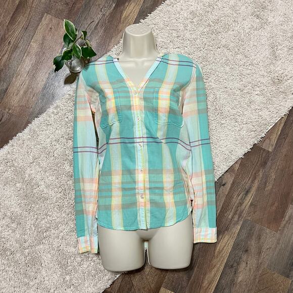 Anthropologie Holding Horses 4 Mint Pastel Plaid V Neck Button Down Tiby Top - Picture 1 of 5